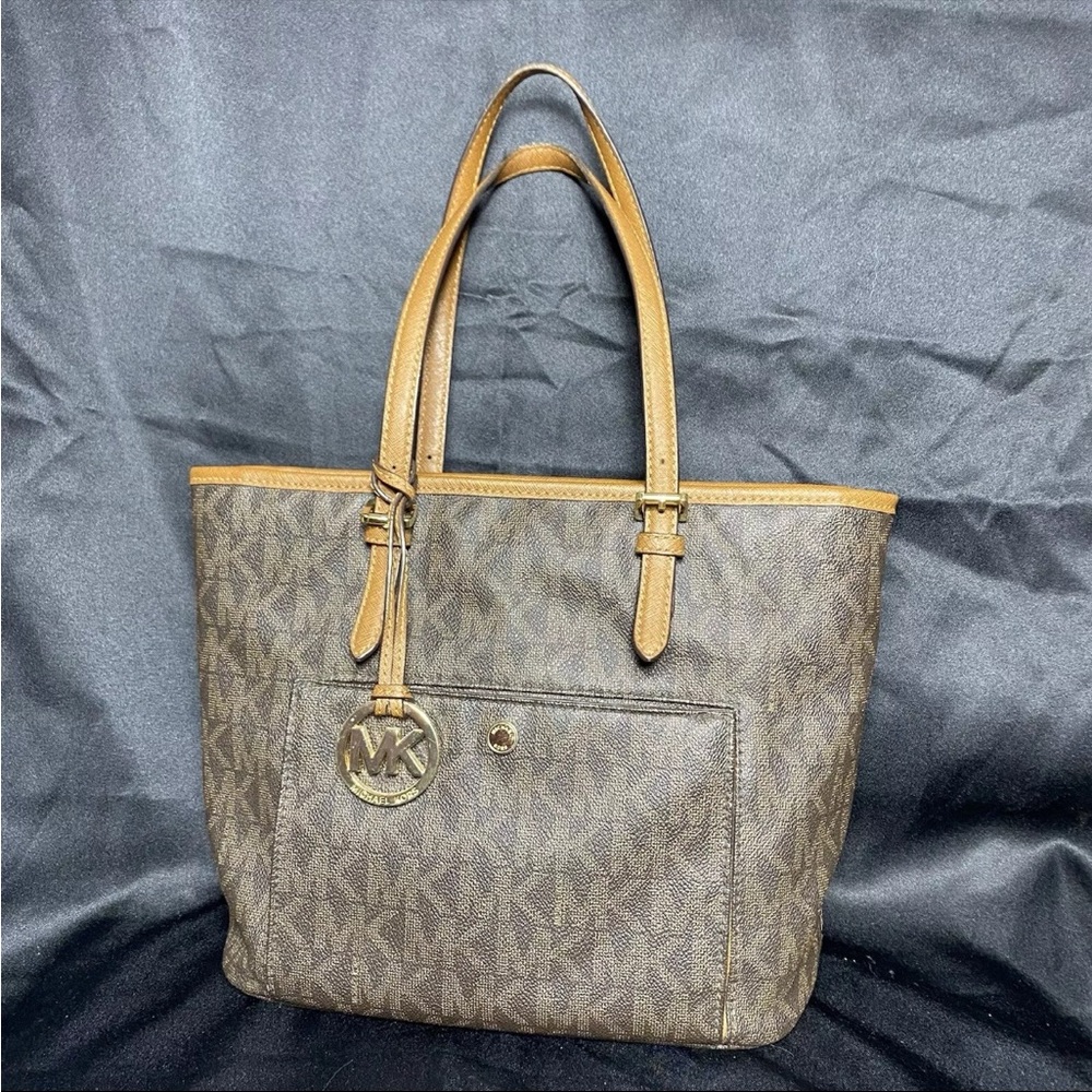 Michael Kors Jet Set Medium Monogram Pocket ToteBag Brown Coated Canvas